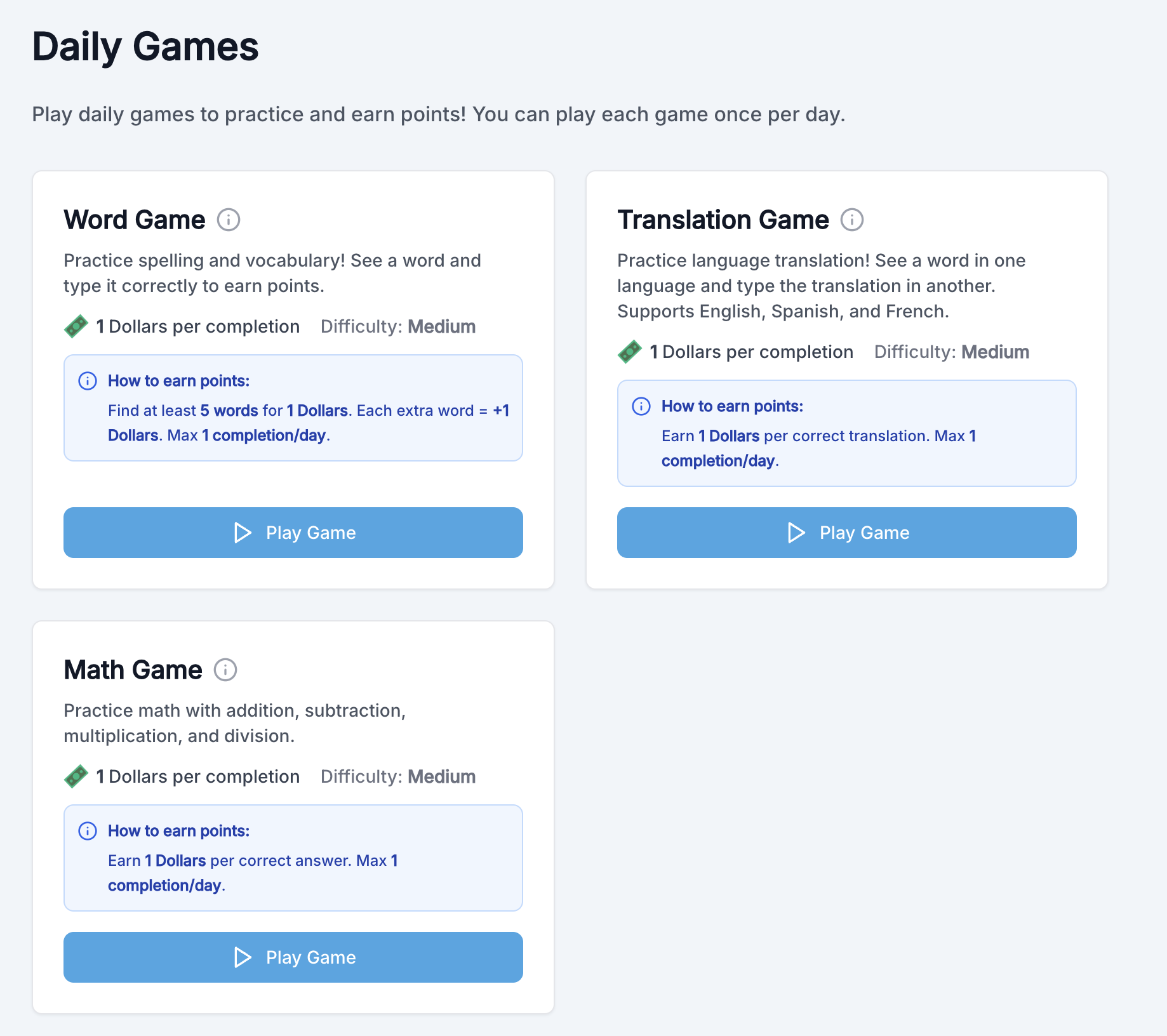 Daily Games settings or games list